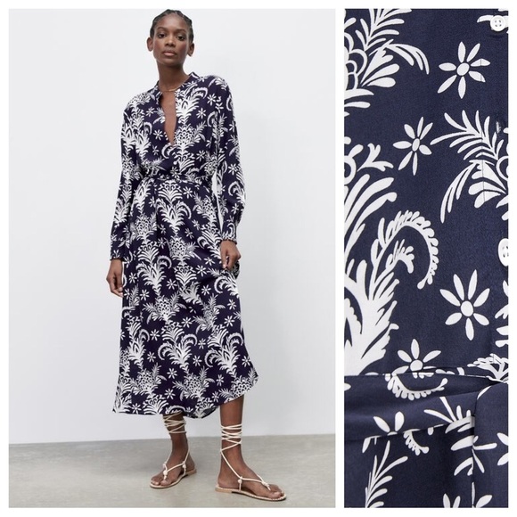 NWT. Zara Blue/White Printed Midi Dress with Belt. Size M. - Picture 1 of 10